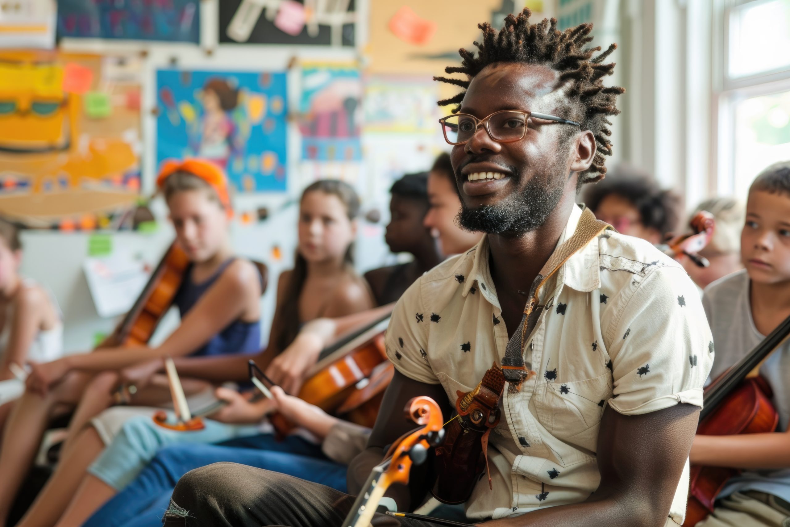 Smiling Music Instructor Leading a Diverse Group of Children in a Fun Violin Class